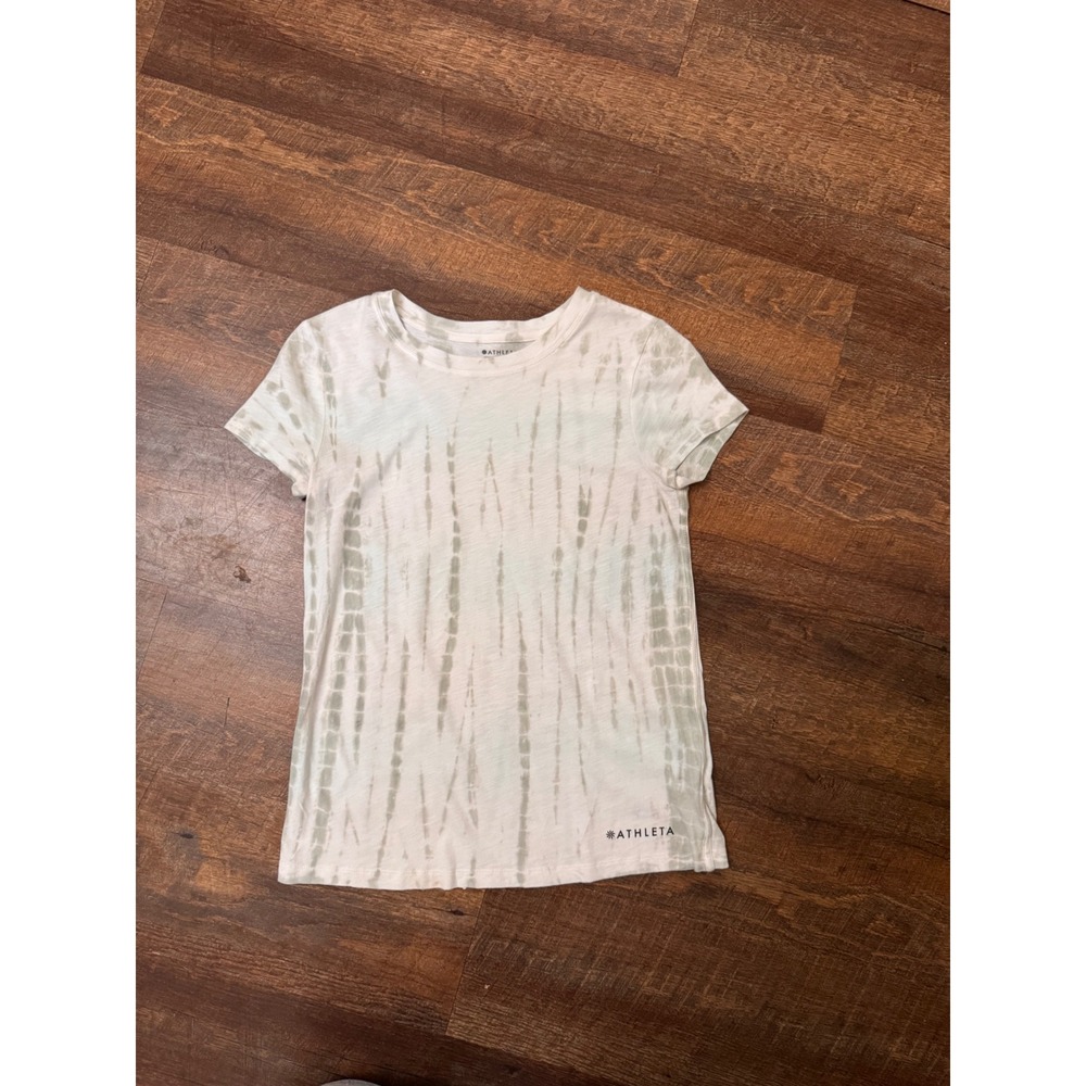 Athleta XS White Green Tie Dye 100% Cotton Tee Shirt Soft Casual Logo